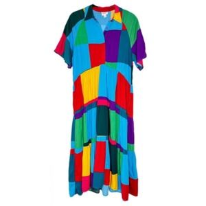 Lularoe Womens Dress Size 2XL‎ Helene Tiered Midi Collared Rainbow Rayon NWT